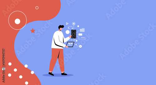Modern flat illustration of a man engaged with digital technology, processing data and interacting with a system interface, symbolizing innovation and development.