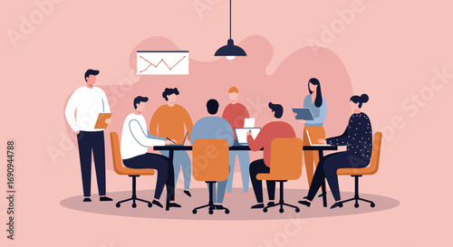 Diverse business team collaborating in a modern office meeting, discussing strategy and analyzing data for project success and growth. Perfect for corporate and startup themes.