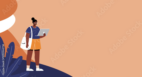 Young person works on a laptop outdoors. Represents remote work, digital learning, freelance, or connected lifestyle. Perfect for business, education, travel themes.