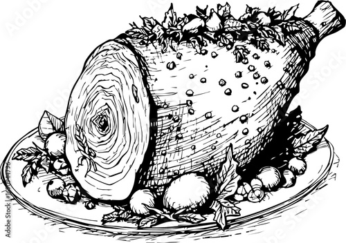 Delicious holiday feast savory ham presentation festive table food home setting artistic viewpoint