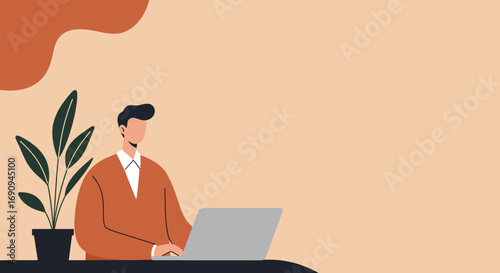 Stylized illustration of a man working on a laptop at a desk with a plant. Ideal for business, remote work, education, or freelance concepts. Ample copy space.