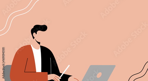 Professional illustration of a man working on a laptop with a stylus. Ideal for business, remote work, online education, or digital lifestyle concepts.