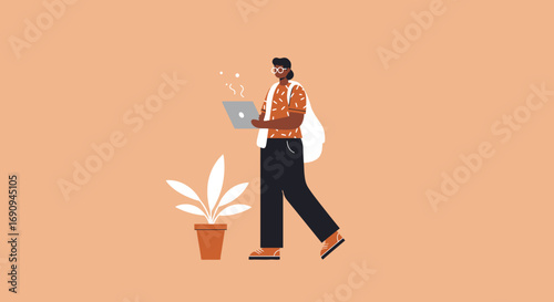 A modern person confidently walks with a laptop, embodying remote work, digital lifestyle, and mobile productivity. Ideal for tech, business, and lifestyle concepts.