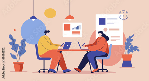 Two colleagues collaborate on laptops in a modern office, symbolizing teamwork, productivity, and remote work solutions. Ideal for business, technology, and lifestyle concepts.