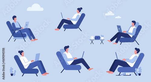 People working remotely on laptops in a relaxed, comfortable environment, illustrating flexible work, freelance, and modern lifestyle.