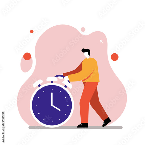 Businessman interacting with a large alarm clock, symbolizing effective time management, punctuality, and meeting business goals or personal commitments.