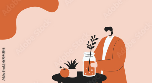 Minimalist illustration of a person nurturing a plant in a jar, reflecting modern home care and a serene lifestyle. Ideal for wellness or decor concepts.
