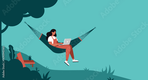 Woman enjoying remote work on a laptop while relaxing in a hammock outdoors. Illustrates flexible lifestyle, digital nomadism, and work-life balance. Perfect for business and travel themes.