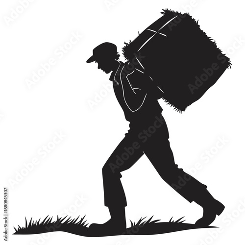 Farmer carrying hay bale