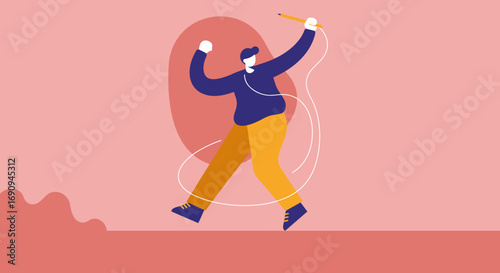 Dynamic person illustrates creativity and new ideas with a pencil, symbolizing inspiration, innovation, and design in a modern business context.