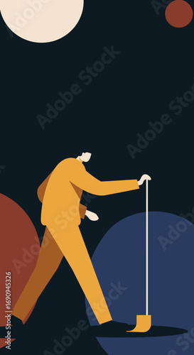 A businessman uses a tool to interact with abstract concepts, symbolizing problem-solving, innovation, or finding opportunities in a complex environment.