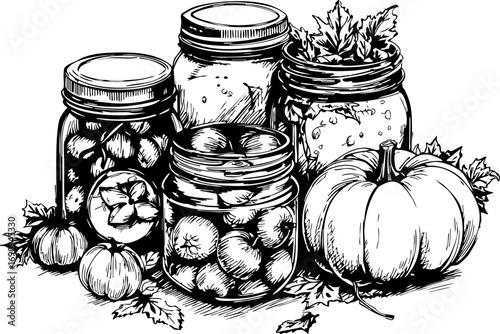Bottling homemade preserves jars of fruits and vegetables in a cozy kitchen setting rustic charm hand-drawn