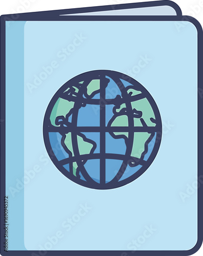 International passport vector icon with a world globe emblem, representing global travel, official documentation, and personal identity