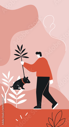 Flat illustration of a person walking their dog in a stylized outdoor setting, emphasizing pet ownership, leisure, and a healthy lifestyle.