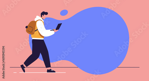 Young person with backpack walking while actively using a laptop, symbolizing modern learning, remote work, and mobile productivity.