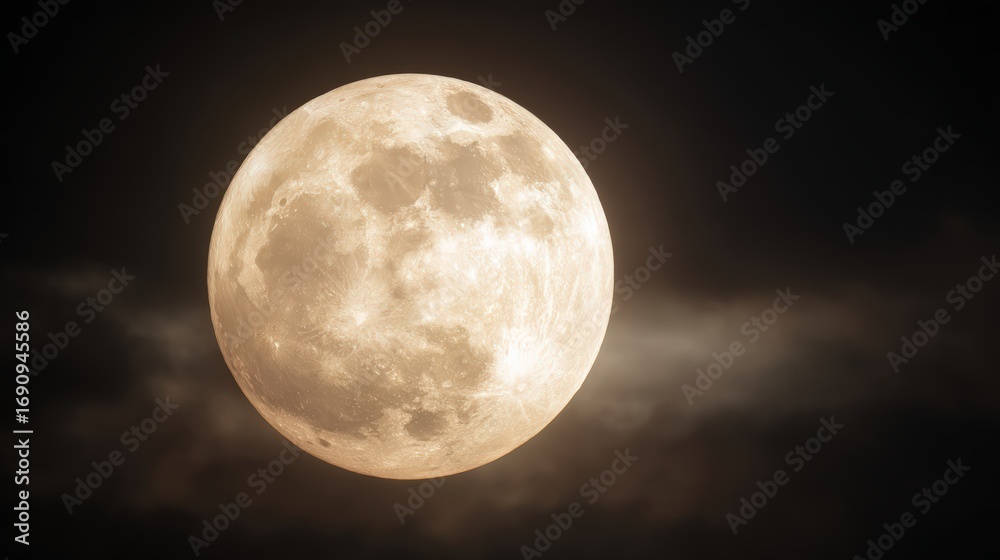 Fototapeta premium Glowing full moon illuminating night sky with wispy clouds
