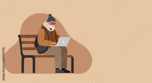 Elderly man with a white beard wearing a winter coat and hat, sitting on a bench and using a laptop. Depicts modern senior life, digital connectivity, and active retirement.