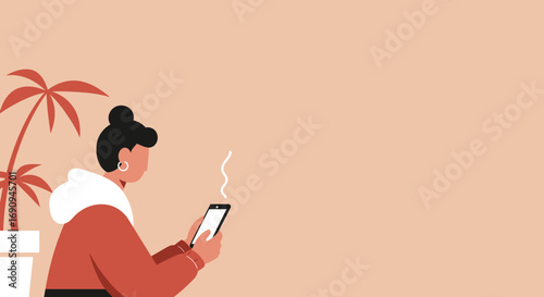Modern individual engaging with a smartphone for communication or social media, in a relaxed indoor setting with a plant. Concept of digital lifestyle and connectivity.