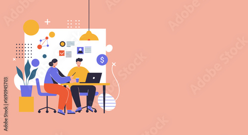 Two professionals collaborate in a modern office, brainstorming and strategizing for a business project, symbolizing teamwork and productivity.