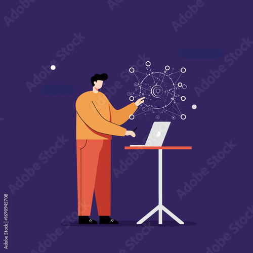 Man using a laptop and interacting with a complex data network visualization, representing digital innovation and analytical work in technology.