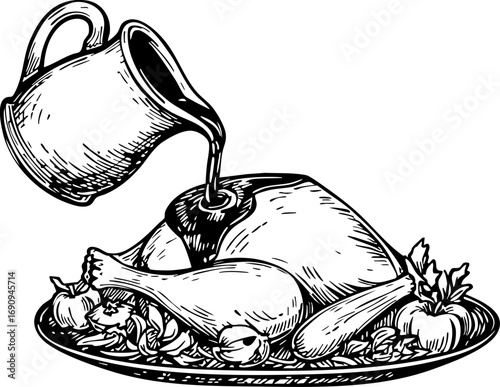 Savory roast chicken with gravy traditional kitchen illustrative artwork rustic setting detailed perspective culinary delight