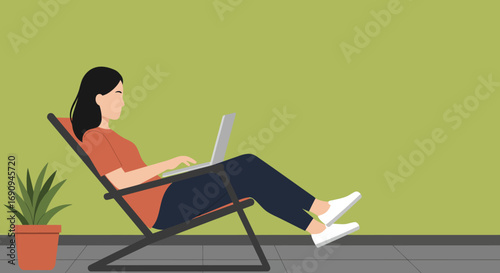 A woman works comfortably on her laptop in a relaxed outdoor setting, illustrating remote work, flexible lifestyle, and digital connectivity for business or leisure.