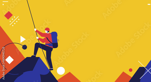 Determined climber ascends a colorful, abstract mountain. Represents overcoming challenges, achievement, exploration, and success in business or adventure.