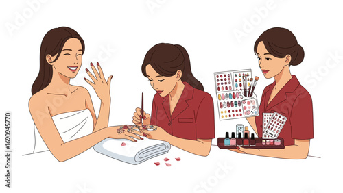 Three women in a beauty salon receiving and giving manicures with nail polish bottles and a display of colors
