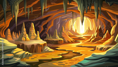 Carlsbad Caverns National Park, USA – underground limestone chambers filled with stalactites and stalagmites, illuminated softly, presenting breathtaking geological formations shaped over millions of 
