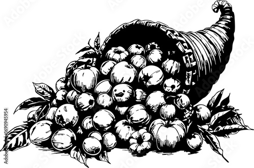 Harvest celebration featuring bountiful cornucopia autumn scene illustrative art rustic environment side view abundance