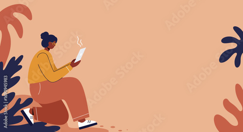 Illustration of a person relaxing outdoors, engrossed in content on a tablet. Perfect for themes of remote work, digital lifestyle, education, or leisure.