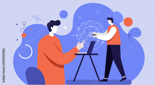 Two individuals collaborate on a digital project, analyzing data and connecting ideas. Represents teamwork, innovation, and modern business technology.