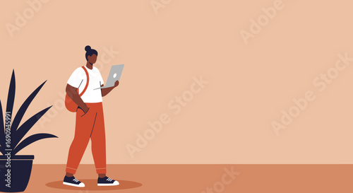 Young person with a laptop and backpack, illustrating remote work, online learning, digital nomad lifestyle, and modern connectivity. Ideal for business and education themes.