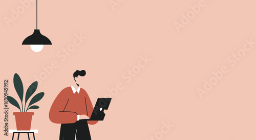 Focused man using a laptop in a cozy, minimalist room. Ideal for concepts of remote work, online learning, productivity, and modern lifestyle.