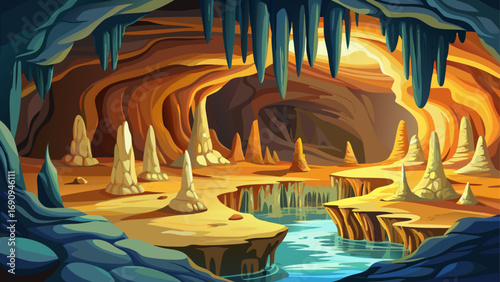 Carlsbad Caverns National Park, USA – underground limestone chambers filled with stalactites and stalagmites, illuminated softly, presenting breathtaking geological formations shaped over millions of 
