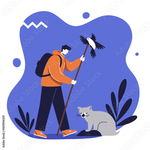 Adventurous person hiking with a backpack and walking stick, encountering wildlife like a bird and an animal in a natural outdoor setting. Ideal for travel, nature, or lifestyle concepts.