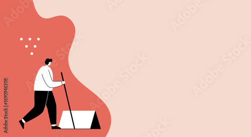 Flat design illustration of a person with a stick near a triangular sign. Evokes concepts of journey, discovery, new beginnings, and finding your path. Useful for business, travel, or lifestyle.