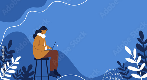 Woman working on laptop in a stylized natural setting, representing remote work, online learning, and digital lifestyle. Ideal for business and technology themes.