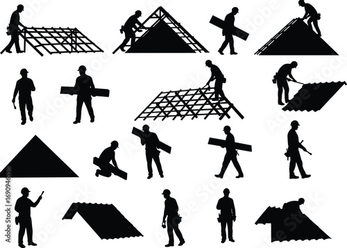 Silhouette illustration of construction workers building and installing roof structures with beams and panels, depicting teamwork, roofing process, and construction industry elements.
