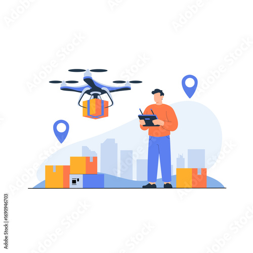 Person operates drone delivery service, showcasing drone carrying package. scene includes boxes and location markers, set against cityscape background, highlighting modern logistics