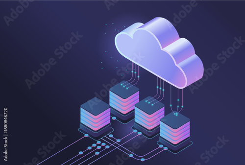 Digital illustration of cloud computing technology shows cloud connected to multiple servers, symbolizing data storage and network solutions. vibrant colors convey innovation