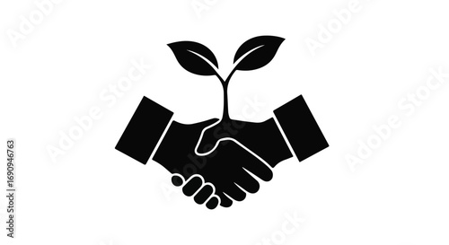 Hands shaking with a growing plant symbolizing partnership and sustainability