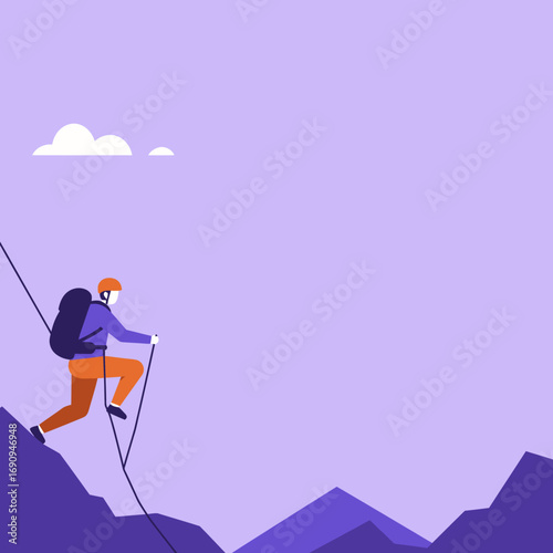 Adventurous hiker ascends a rugged mountain, embodying determination, perseverance, and outdoor exploration. Ideal for themes of challenge, success, and nature travel.