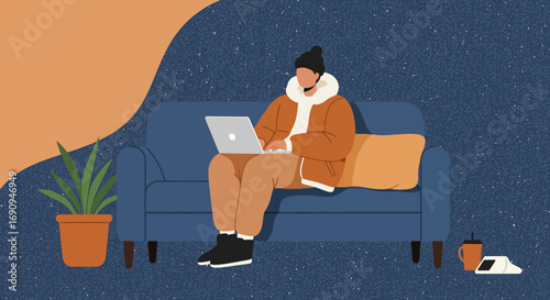 Person in cozy home setting working remotely on a laptop, emphasizing comfort, productivity, and modern flexible work-life balance. Ideal for lifestyle and business concepts.