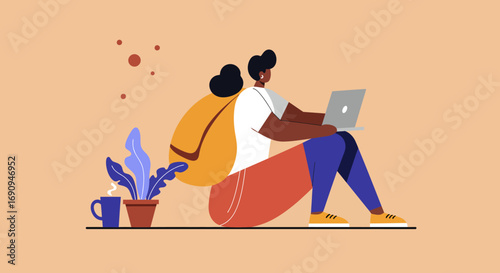 Person working remotely on laptop with a backpack, coffee, and plant, symbolizing freelance work, digital nomad lifestyle, or casual study.