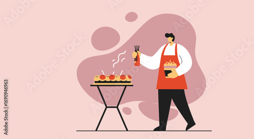Man in an apron expertly grilling food on a stand and holding a delicious dessert. Represents home cooking, leisure, and enjoyable culinary activities.