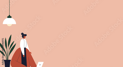 Modern flat illustration of a woman working remotely with a laptop in a minimalist home office, conveying productivity and lifestyle.