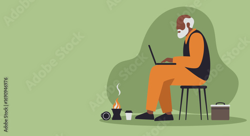 Senior man working remotely on a laptop, enjoying a relaxed outdoor setting with coffee and a portable heat source. Highlights modern lifestyle, digital freedom, and remote work.