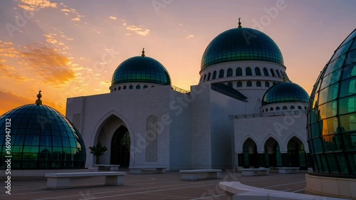 Majestic mosque domes bathed in the warm glow of a vibrant sunset sky.