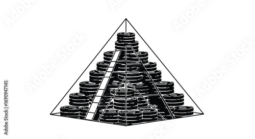 Financial pyramid structure built with stacked coins representing investment growth and stability.